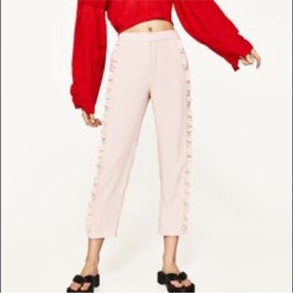 Zara Sz S Blogger’s Favourite Pastel Pink Trousers With Ruffles EUC - Picture 2 of 14